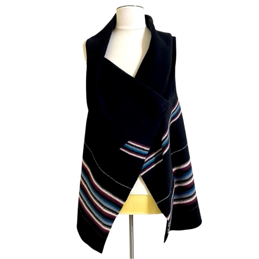JOIE Womens Black Striped Wool Wrap Serape Style Sleeveless Vest Medium